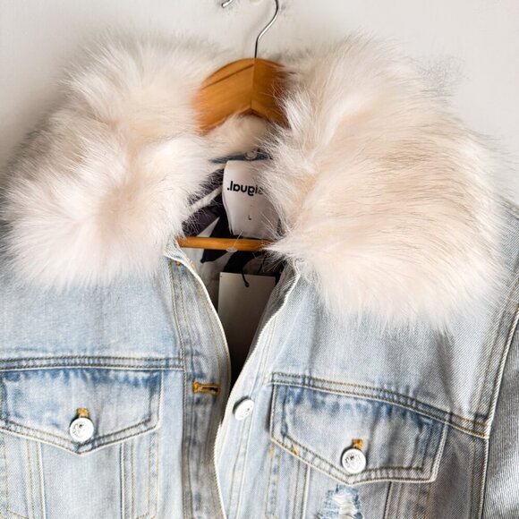 Desigual Light Wash Denim Fur Collar Quilted Interior Jacket L - Picture 4 of 7